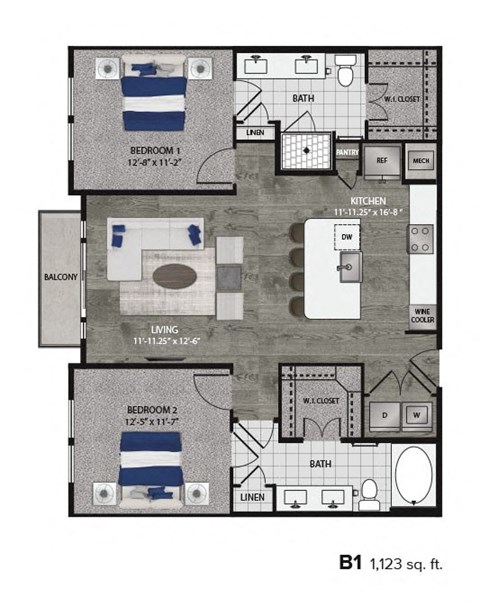 Floor plan for 2 beds, 2 baths, 1123 sqft